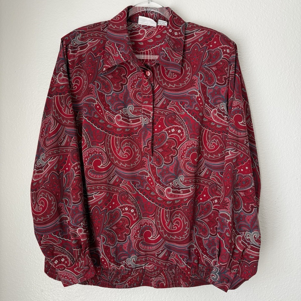 Alfred Dunner Button Up Blouse Paisley Red Long Sleeve Elastic Waist Top 18W